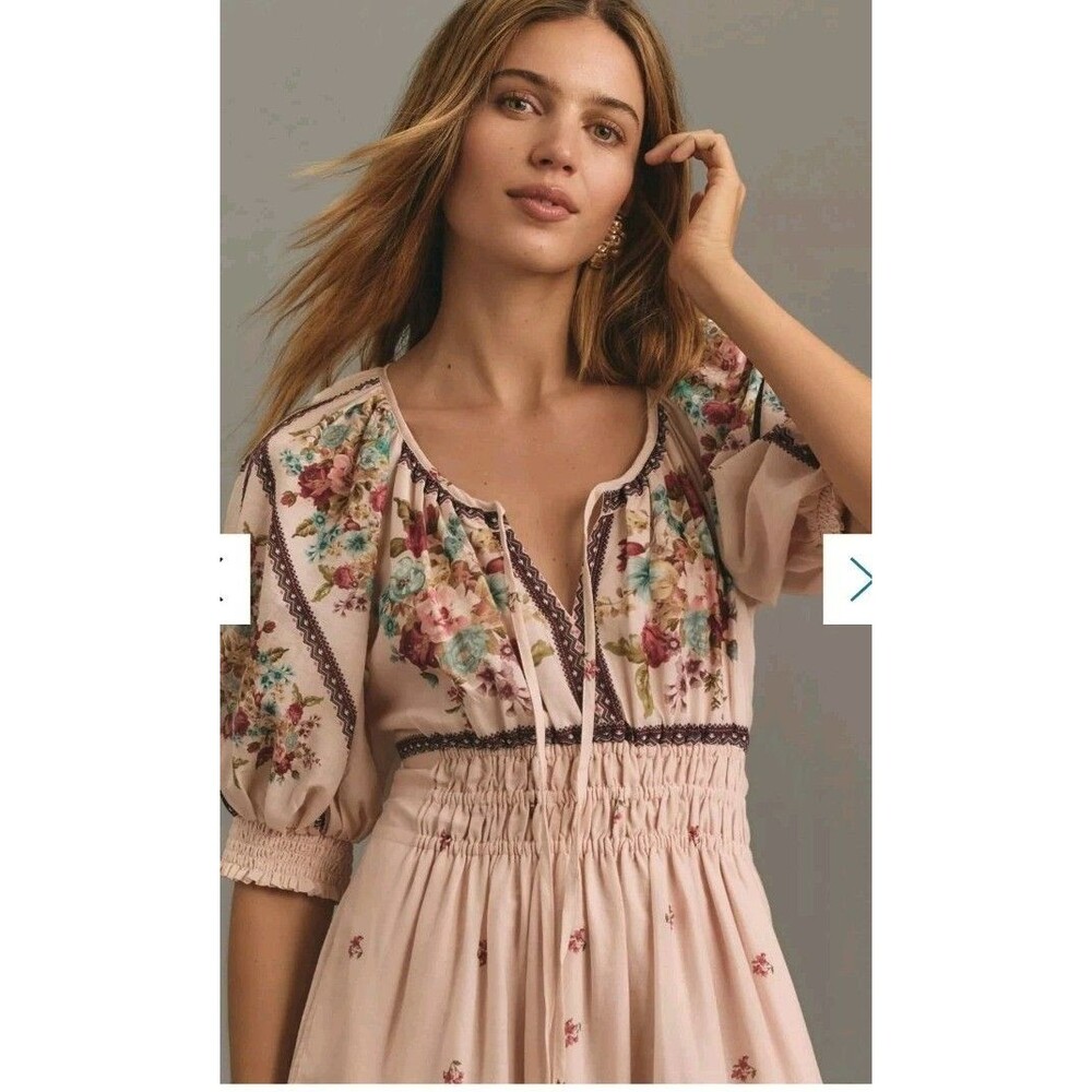Anthropologie The Somerset Puff-Sleeve Maxi Dress Lg Peasant Boho Cottagecore - Picture 2 of 15